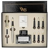 Wordsworth & Black Kalligrafie-Füllfederhalter-Set, enthält Tintenflasche, 6 Tintenpatronen, Tintennachfüllkonverter, 6 Ersatzfedern, Premium-Paket, Journaling, glatte Schreibstifte [Silber Gold]