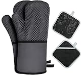 HAUSPROFI Ofenhandschuhe und Topflappen 4er Set, Hitzebeständige Silikon Anti-Rutsch Topfhandschuhe, Baumwolle Waschbar kochhandschuhe für Kochen Backen Grillen, Grau