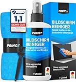 PRINOX Bildschirmreiniger Set 250ml mit Mikrofasertuch und Pinsel - Display Reiniger für Handy, Laptop und TV Displays (LCD, LED, OLED, QLED, TFT) gegen Fettflecken und Fingerabdrücke