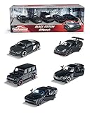 Majorette Black Edition 5er Geschenkset, 5 Fahrzeuge, Spielzeugautos mit Federung, Modelle: Audi R8, Brabus B63, Nissan GT3 Nismo GTR, Dodge Demon & Mercedes-AMG GTR, hochwertige Lackierung, 7,5 cm