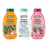 Garnier Wahre Schätze für Kinder 2in1 mildes Shampoo-Set, Disney Edition, Geschenkset, Arielle, Elsa, König der Löwen, hochverträglich, vegan, Aprikose Kirsche Hafermilch, 3x 250ml