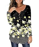 MAYAMANG Damen Floral Tunika Tops Casual Bluse V Ausschnitt Langarm Knöpfe Up T-Shirts, Langärmlig, gelb, Medium