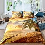 Loussiesd Ozean Bettbezug Set Hawaii Strand Thema Bettwäsche Set 135x200cm für Jungen Erwachsene Meer Sonnenuntergang Palme Natur Betten Set Sommerurlaub Schlafzimmer 2St