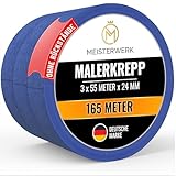 MEISTERWERK Malerkrepp für Malerarbeiten - (OHNE RÜCKSTÄNDE) - 165 Meter Kreppband (24mm Breite) - Rutschfestes Abklebeband für sauberes Renovieren, Streichen & Lackieren