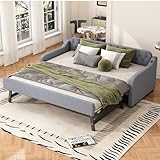 WIZBED Stilvoll Polsterbett Schlafsofa mit mit ausziehbares Bett, USB & Lattenrosten, Ausziehbett 90/180x200 Bettsofa Gästebett Tagesbett, Linen, ohne Matratze