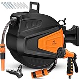 KESSER® Schlauchtrommel 30+2m Schlauchaufroller Wasser | Multi-Handbrause | 180° Schwenkbar | Aufwickelstopper | Wandhalterung | Wand-Schlauchbox | Wasserschlauchtrommel | Gartenschlauch | Orange