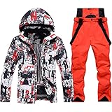 ALSOGO Herren Skijacke & Skihose Set Skianzug 2 teilig Schneeanzug 10.000mm Wassersäule Atmungsaktiv Schneeanzug Winddichte Schneehose mit Abnehmbare Kapuzen zum Skifahren Snowboarden