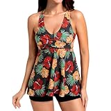 JONRRYIN Tankini Damen Bademode Set, Tankini Oberteil Damen Einzeln mit Badeshorts, Tankini Damen Push Up mit Bügel, Elegant Zweiteiler Edruckter Tankinis mit Shorts Sets für Damen (XL)