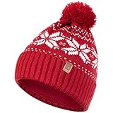 HEYO Mütze Damen Herren Norweger Mütze Bommelmütze Unisex Wintermütze Dick Gefüttert Warm (Rot)