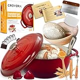 Crovora Schmortopf aus emailliertem Gusseisen mit Deckel + 25,4 cm Banneton-Brotgärkörb-Set + Silikon-Brotschlinge, Dutch Oven zum Brotbacken und Kochen mit zwei Griffen, Rot