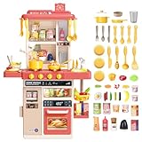 deAO Kinderküche “My Little Chef“ mit Sounds und Licht, Dampf, 50PCS kinderküche zubehör enthalt Geschirr, Lebensmitte, Spüle, Backofen& Kochfelder Spielzeug, Spielküche Kinder Set ab 1 2 3 Jahr