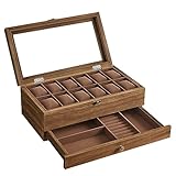 SONGMICS Uhrenbox mit 12 Fächern, Uhrenkasten aus Massivholz, mit Glasdeckel, Uhrenkissen, Schmuckaufbewahrung, Geschenk für Ihre Liebsten, walnussfarben JOW012K01