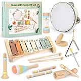 GIBOHOM Musikinstrumente für Kinder ab 1 Jahr, 9 in 1 Montessori Spielzeug Percussion Instrumente Holz mit Trommel Kinder, Xylophon, Baby Musikspielzeug Weihnachts- und Geburtstagsgeschenk für Kinder