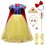 Prinzessin Schneewittchen Kostüm Kinder Mädchen Kleid mit Umhang Zubehör Karneval Geburtstag Party Kinderkostüm Snow White Märchen Cosplay Fasching Halloween Weihnachten Verkleidung Maxikleid 6-7J