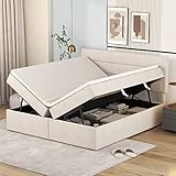 Kehun Boxspringbett Polsterbett 140x200, Doppelbett mit Lattenrost aus Metallrahmen, Bett mit Großer Stauraum und Kopfteil, Stauraum Betten Bettrahmen für Familie, Leinen, Beige, ohne Matratze