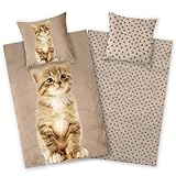 Aminata kids - Biber Kinderbettwäsche 135x200, Niedliches Katzen-Motiv für Mädchen, braun, 100% Baumwolle, Reißverschluss - Warm, Weich & Kuschelig - Flanellbettwäsche