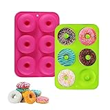 2 Stück Silikon Donut Formen - 6 Hohlräume Donut Backform Antihaft Backblech, Silikon Backform, Donuts Backform für Kuchen, Kekse, Bagels, Muffins, Grün und Rosa