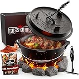 GUSSKÖNIG Dutch Oven Set [6L] - Eingebrannter Feuertopf mit praktischem Deckelheber und Füßen