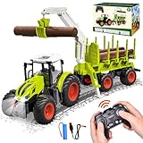 Aragallant Ferngesteuerter Traktor Ferngesteuert, 2.4 Ghz, 1:24, RC Traktor Spielzeug für Kinder ab 3 4 5 6 7 Jahren, Traktor mit Anhänger, Holzgreifer und 3 Baumstämmen, Holztransporter Spielzeug