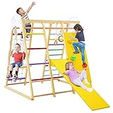 DREAMADE 8 in 1 Kletterdreieck Kletterspielzeug mit Schaukel Leiter Rutsche Kletternetz Turnringe, Spielplatz Indoor Klettergerüst aus Holz zum Rutschen & Klettern für Kinder ab 3 Jahren (Bunt)