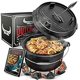 BBQ Dutch Oven [Das Original] - Dutch Oven Set 7 Liter – Eingebrannter Feuertopf aus Gusseisen Deckel & Topfständer – inkl. Deckelheber und e-Book