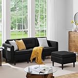 Yaheetech Ecksofa mit Schlaffunktion 3-Sitzer Sofa mit Polsterhocker aus Leinenstoff Eckcouch in L-Form Rechts/Links fürs Wohnzimmer/Schlafzimmer/Wohnung, Schwarz