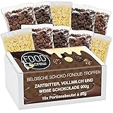 FOOD crew 900g belgische Schokolade für Fondue - Mix aus Vollmilch, Zartbitter & Weiß - Schokobrunnen – Schoko Kuvertüre Drops - 10 Portionsbeutel einzeln verpackt