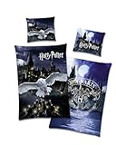 Familando Wende Bettwäsche-Set Harry Potter 135 x 200 cm 80 x 80 cm · 100% Baumwolle · Eule Hedwig · Hogwarts · deutsche Größe · Sommer-Bettwäsche