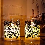 JHY DESIGN Glas Batterie Kerzen mit 6-Stunden Timer, 10cm Hohe LED Flammenlose Kerzen Wachs Kerze Flackernde Kerze für Innen Tisch Wohnzimmer Garten Balkon Schlafzimmer Eingang(2er-Set, Barockwirbel)