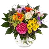 Blumenstrauß Farbenfroh, Bunte Blumen versenden, handgebunden mit 7-Tage-Frische-Garantie, Gerbera, Rosen, Nelken, Chrysanthemen und Inkalilien, Blumenversand