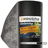 Hinrichs 50m² Gartenvlies Unkrautvlies Wasserdurchlässig - Unkrautfolie 50g/m² - Unkrautflies auf Rolle - Gartenflies gegen Unkraut Schutz vor Maulwürfen - Inklusive Cuttermesser