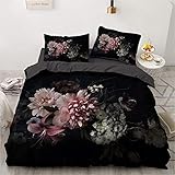 Luowei Bettwäsche Blumen 135x200cm Schwarz Vintage Floral Blüten Bettbezug Set Weiche Microfaser Bettdeckenbezug und 2 Kissenbezug 80 x 80cm für Einzelbett