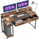 ODK Schreibtisch mit 2 Schubladen, Computertisch mit Regalen und Monitorständer, Bürotisch mit Bücherregal, Computertisch Klein PC-Tisch Officetisch für Home Office, 120x50x87cm, Rustikales Braun