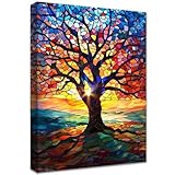 Bunter Baum des Lebens Leinwand Bilder Mit Rahmen Abstrakt Rot Gelb Blau Wandbilder Wandkunst bild auf Leinwand Malerei Bar Kaffeehaus Galerie Korridor Schlafzimmer Badezimmer Wanddekoration 40x60cm