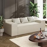 PurrJoys Modernes 3-Sitzer Sofa, Hybrid-Sofa-in-a-Box, Keine Montage Erforderlich, Bequemes Sofa mit 3 Passenden Kissen, Kratzfestes Leinen, Stilvolle Couch für Wohnzimmer oder Schlafzimmer, Beige