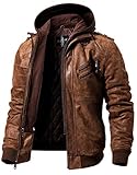 FLAVOR Echtes Lederjacke Herren Abnehmbarer Hoodie (L, Braun)