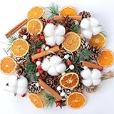 206 Stück Weihnachtskranz Deko, Adventskranz Selber Basteln, Weihnachtsdeko mit Tannenzapfen, Zimtstangen, Getrocknete Orangenscheiben, Sternanis, Getrocknete Baumwolle, Tannenzweige Bastelset