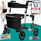 maxVitalis Rollator faltbar und leicht mit Sitz, Leichtgewicht-Reiserollator aus Aluminium, Gehhilfe 8-fach höhenverstellbar, Laufhilfe 3-fach faltbar für Kofferraum, Tasche & Schirmhalter Silber