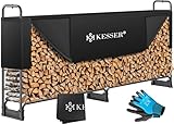 KESSER® Kaminholzregal Metall 260x36x117cm Brennholzregal außen Stahlrahmen + Abdeckung & Handschuhe Kaminholzunterstand 300kg Wasserdichter Holzlager Holzstapelhilfe für Garten Terrasse