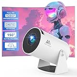 Aubor Mentech Beamer, Mini Beamer mit WLAN und Bluetooth, 180° tragbarer Projektor, 1080P-Unterstützung, 150‘’ Smart-Projektor mit Android TV 11.0, Short Throw, Auto Keyston für Outdoor/Heimkino, Weiß