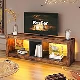 Bestier TV-Schrank, Lowboard für 65 Zoll & kleinere TVs, 140 x 35 x 47 cm, Fernsehschrank mit RGB-LED-Leuchten, Fernsehtisch mit integriertes Kabelmanagement, verstellbare Glasschale, Braun