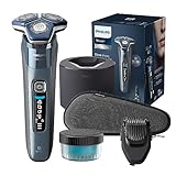 PHILIPS Shaver S7000 – Elektrischer Nass-& Trockenrasierer in Eisblau mit 1 x integrierten ausklappbaren Trimmer, Barttrimmer-Aufsatz, Reinigungsstation, Reiseetui & Ladestation (Modell S7882/54)