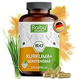 Raibu Kurkuma Gerstengras Kapseln Bio (270 x 700 mg) - In Deutschland produziert - Gerstengras Curcuma Kapseln im Verhältnis 2:1 - Gerstengras Kurkuma Kapseln hochdosiert - Vegan & ohne Zusätze