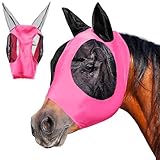 Fliegenmaske Pferd Fliegenhaube Pferde Halfter mit Fliegenmaske UV Schutz Pony Fliegenmütze für Pferde Shetty mit Ohren Atmungsaktives Mesh Pferdemaske Fliegenschutz Pferd Kopf Kaltblut (Rosa)