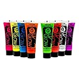 8 x 10ml UV-Bodypaint Körpermalfarben Schwarzlicht fluoreszierende Schminke Bodypainting Neon Farben Leuchtfarben