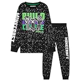 Minecraft Schlafanzug Jungen Pyjama Kinder 5-14 Jahre Winter Nachtwäsche Oberteil Pyjamahose Lang für Junge & Teenager (Schwarz, 9-10 Jahre)