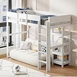 Aoskem Kinderbett Hochbett 90x200, Etagenbett Hausbett mit Leiter, Stauraum Regale und Schreibtisch, Holzbett Einzelbett Jugendbett Bettgestell mit Rausfallschutz und Lattenrost, Ohne Matratze Weiß