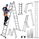 Joparri 4x5 Mehrzweckleiter 582cm 7 in 1 Alu Multifunktionsleiter bis 150 kg mit 2 Transport Rollen und 2 Plattform, Vielzweckleiter Klappleiter Arbeitsleiter Anlegeleiter Steigleiter