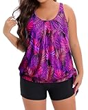 Holipick Zweiteiliger Tankini-Badeanzug für Damen, Übergröße, Bauchkontrolle, Badeanzüge, Blouson, Tankini-Top mit Jungen-Shorts, Violettes Blatt, 116 Mehr