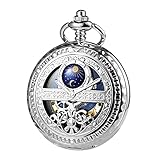 TREEWETO Mechanische Herren Taschenuhr, Sonne und Mond, Skelett, römischen Ziffern, Taschenuhren mit Kette für Herren, Silber